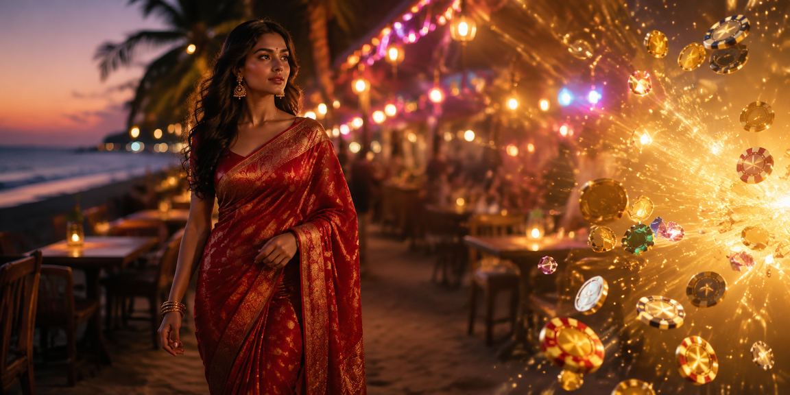 Indian player enjoying casino gaming on Goan beach mobile